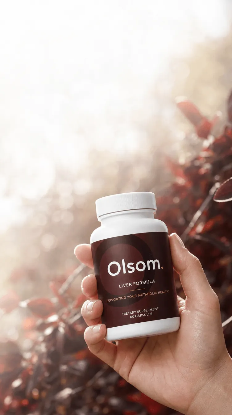 Olsom liver support bottle resting among fresh botanicals